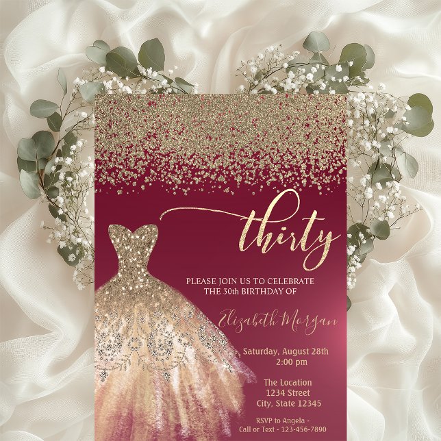 Invitación Diamantes de oro, vestido elegante Borgoña 30 cump (Subido por el creador)