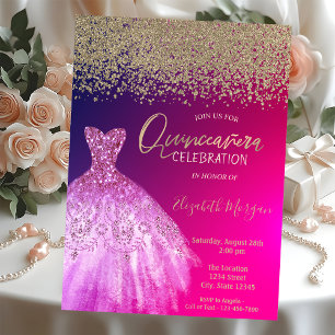 Invitación Diamantes de Oro,Vestido Elegante Chic Quinceañera