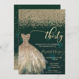 Invitación Diamantes de oro, vestido elegante verde 30 cumple