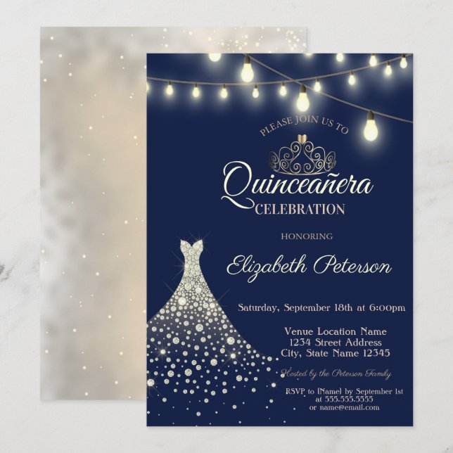 Invitación Diamantes de oro Vestido Quinceañera (Anverso / Reverso)