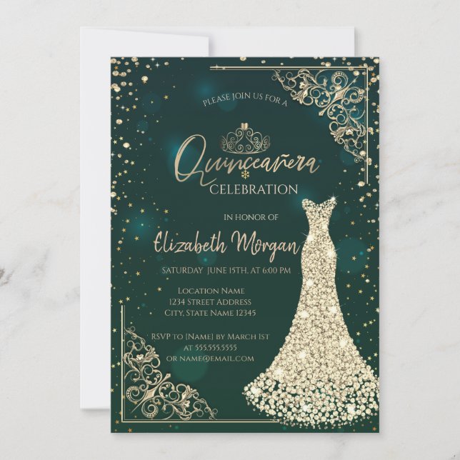 Invitación Diamantes de oro Vestido Tiara Green Quinceañera (Anverso)