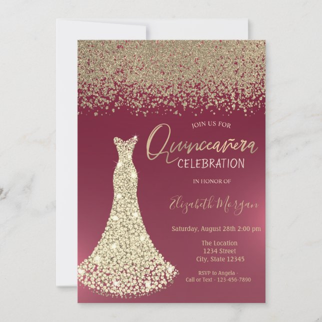 Invitación Diamantes de oro Vestidos Rojos Quinceanera (Anverso)