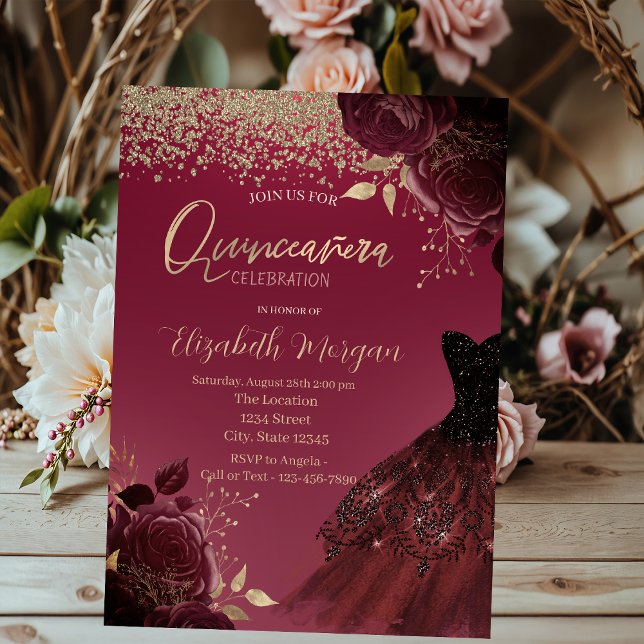 Invitación Diamantes de oro, vestidos, Rosas de Borgoña Quinc (Subido por el creador)