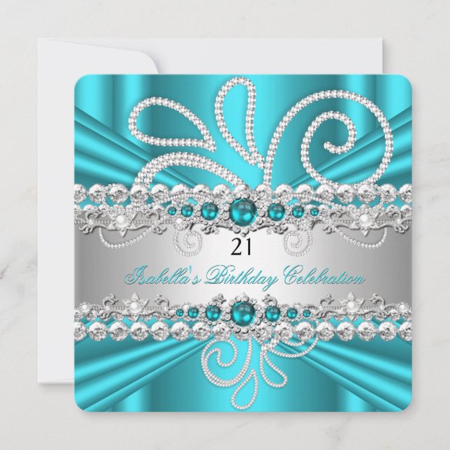 Invitación Diamantes de plata azul turquesa Cumpleaños Fiesta (Anverso)