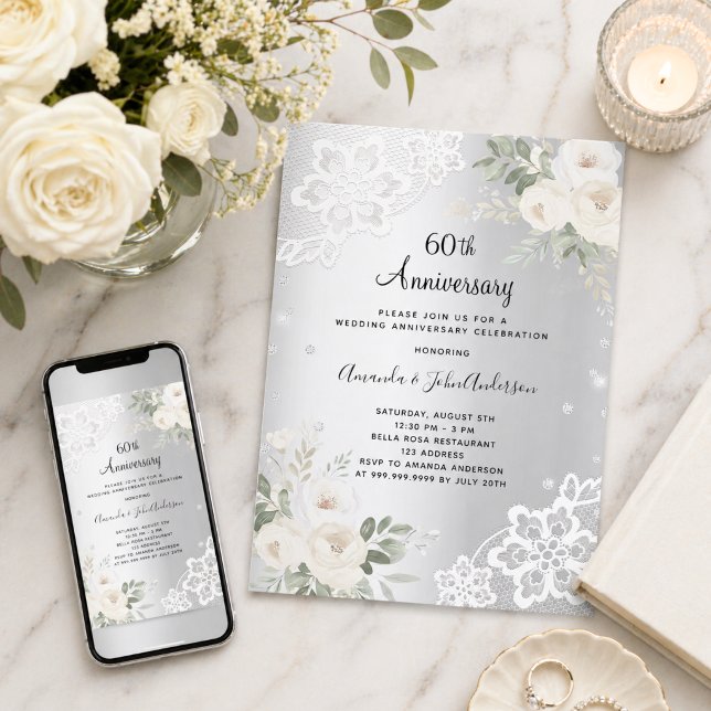 Invitación Diamantes de plata flores 60 aniversario de bodas (Subido por el creador)