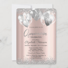 Invitación Diamantes de Plata Globos Rosa Dorado Quinceañera
