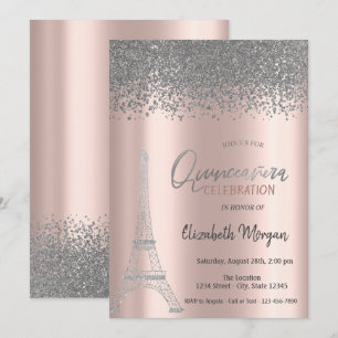 Invitación Diamantes de plata rosa dorado,Torre Eiffel Quince