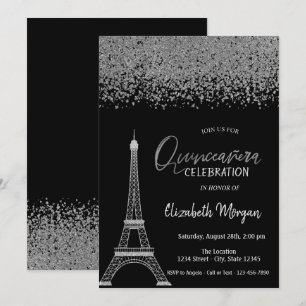 Invitación Diamantes de Plata, Torre Eiffel Negra Quinceañera
