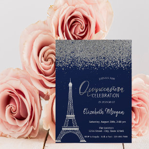Invitación Diamantes de plata,Torre Eiffel Quinceañera azul m