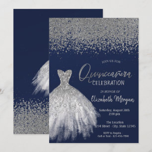 Invitación Diamantes de Plata, Vestido de Brillo Azul Quincea