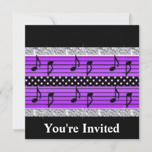 Invitación Diamantes de puntos de polka morado y negro y nota