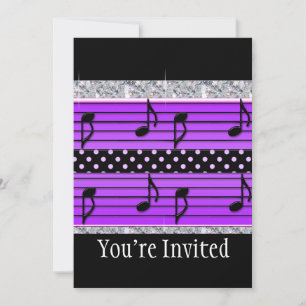 Invitación Diamantes de puntos de polka morado y negro y nota