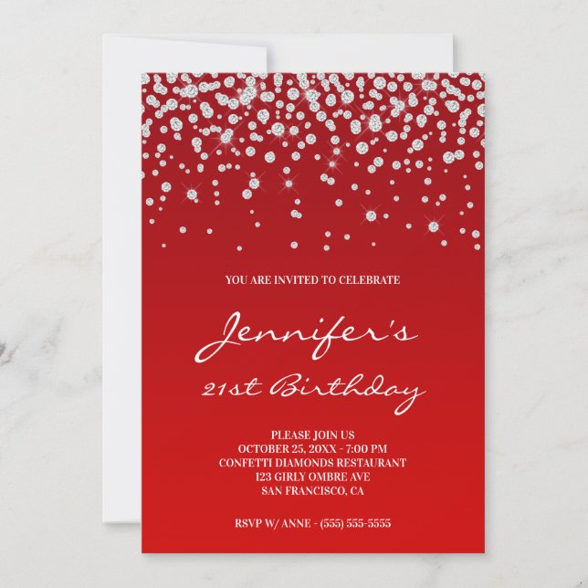 Invitación Diamantes de Rhinestone Gradiente Rojo Cumpleaños  (Anverso)