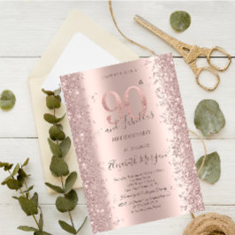 Invitación Diamantes de Rosa Dorado Brillante Cumpleaños 90