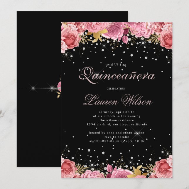 Invitación diamantes de rosas rosas rosas elegantes Quinceane (Anverso / Reverso)