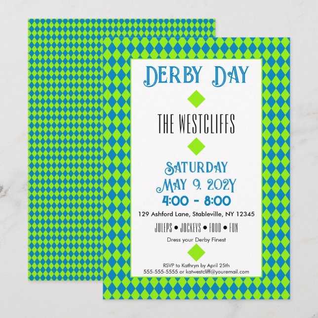 Invitación Diamantes de seda jockey derby verde y azul (Anverso / Reverso)
