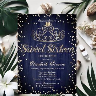 Invitación Diamantes de Tiara de Oro Princesa Azul Marino Swe