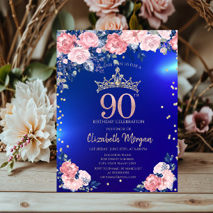 Invitación Diamantes de Tiara Dorado Flores Azul Cumpleaños 9
