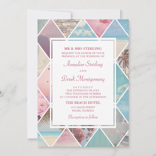 Invitación Diamantes de verano| Boda rosa y azul en la playa (Anverso)