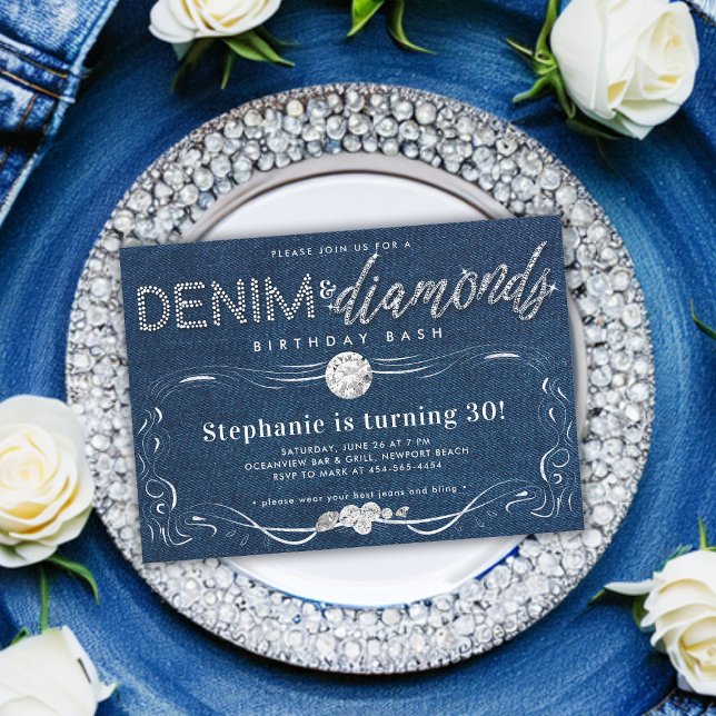 Invitación Diamantes denim Flourish Frame Classy 30 cumpleaño (denim and diamonds 30th birthday party classy modern simple whimsical flourish script hand written )