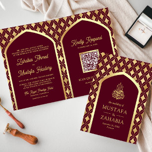 Invitación Diamantes dorados de Borgoña Código QR Arco Boda M