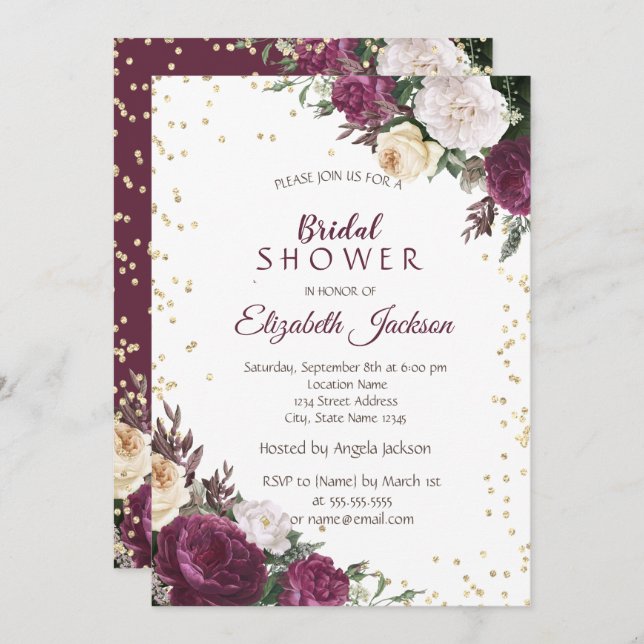 Invitación Diamantes dorados Ducha de novia floral borgoñona (Anverso / Reverso)