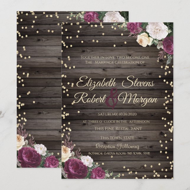 Invitación Diamantes dorados flores borgoña madera (Anverso / Reverso)