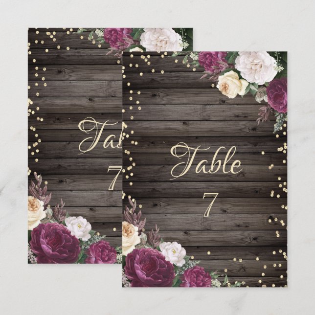 Invitación Diamantes dorados flores de burdeos madera (Anverso / Reverso)