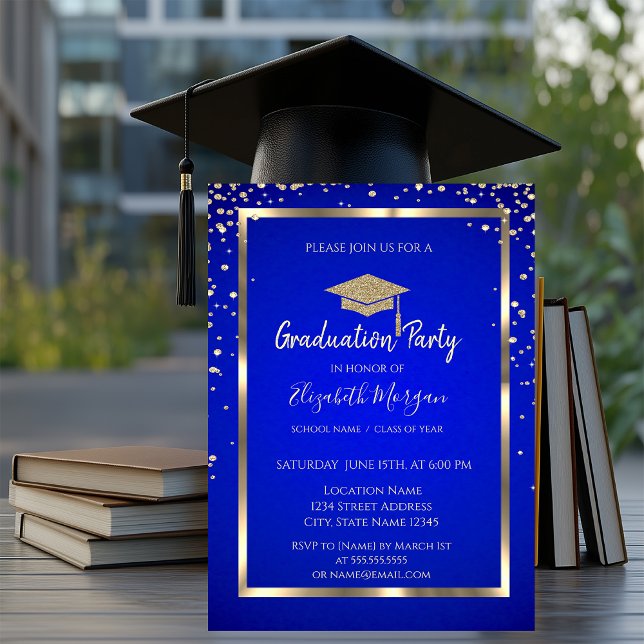 Invitación Diamantes dorados marco azul real (Subido por el creador)