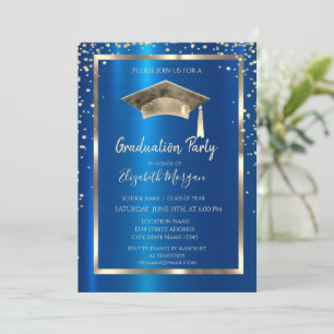 Invitación Diamantes dorados, marco, gorro de graduación azul