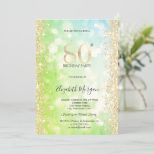 Invitación Diamantes dorados Verde Azul Bokeh Cumpleaños 80