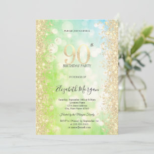Invitación Diamantes dorados Verde Azul Bokeh Cumpleaños 90