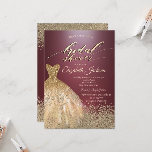 Invitación Diamantes dorados vestidos con ducha de novia borg (Anverso/Reverso In Situ)
