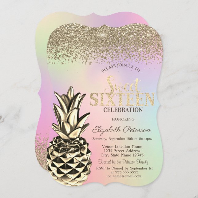 Invitación Diamantes,Dulce holográfico de piña metálica 16 (Anverso / Reverso)