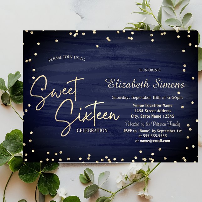 Invitación Diamantes Elegantes Azul Marino Script Dorado Cump (Subido por el creador)