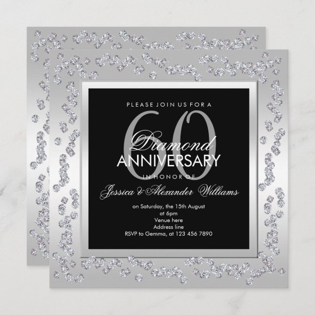 Invitación Diamantes Elegantes de Plata Aniversario de Bodas  (Anverso / Reverso)
