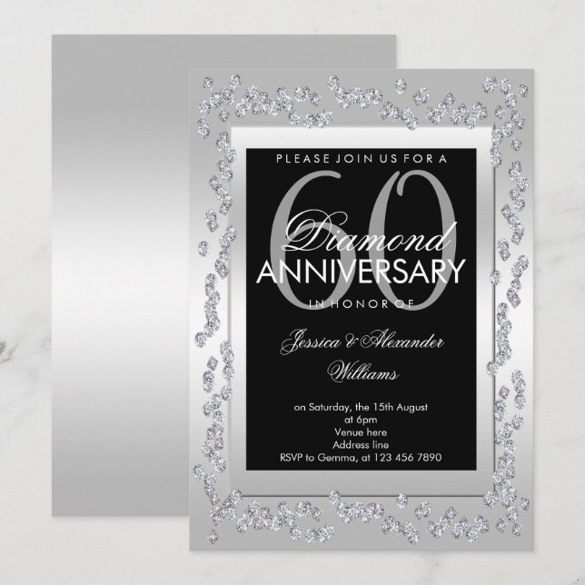 Invitación Diamantes Elegantes de Plata Aniversario de Bodas  (Anverso / Reverso)