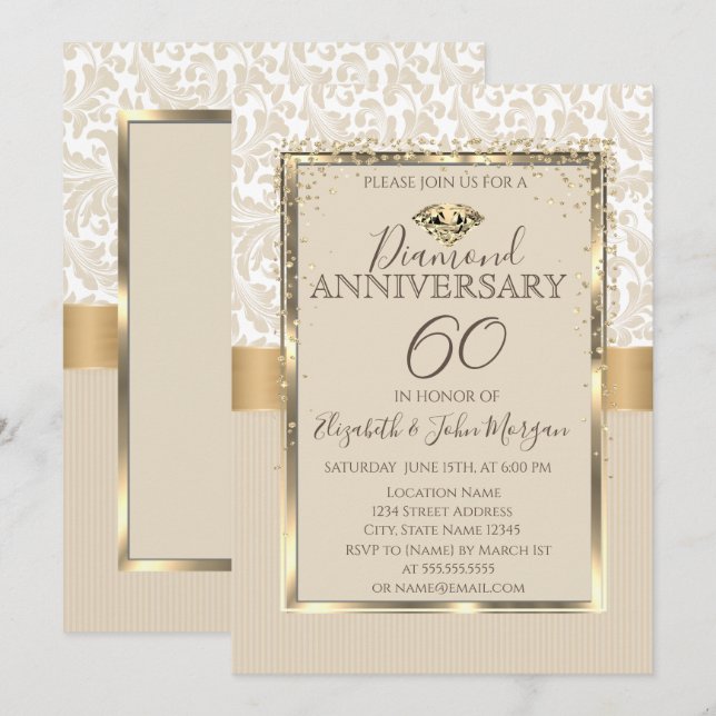 Invitación Diamantes Elegantes Marco Damask Bodas Aniversario (Anverso / Reverso)