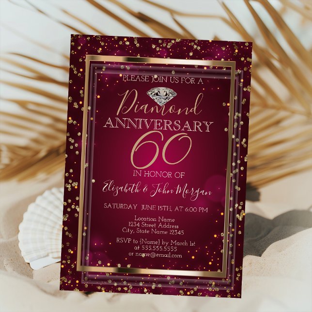 Invitación Diamantes elegantes, marco rojo de bodas aniversar (Subido por el creador)