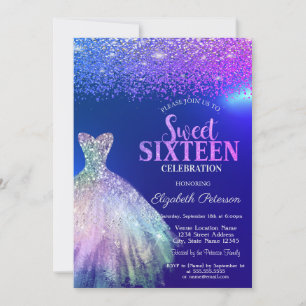 Invitación Diamantes Elegantes, Vestido Azul Dulces 16