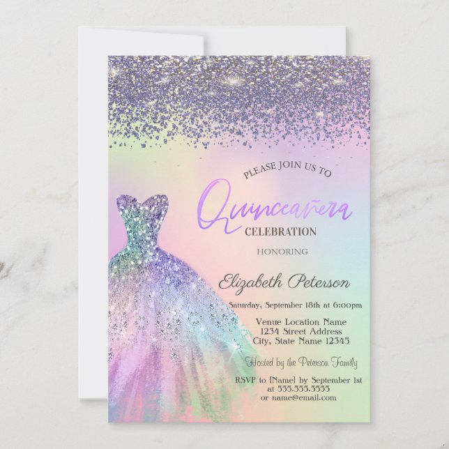 Invitación Diamantes elegantes, vestidos Holográficos Quincea (Anverso)