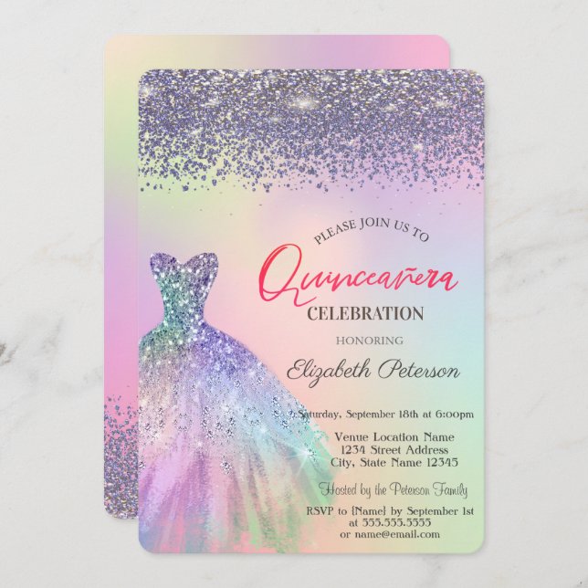 Invitación Diamantes elegantes, vestidos Holográficos Quincea (Anverso / Reverso)