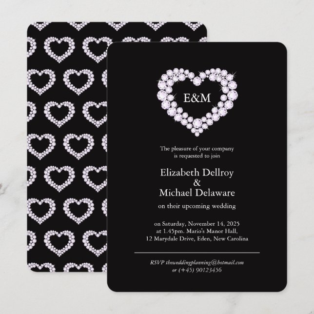 Invitación Diamantes en un boda negro cardíaco (Anverso / Reverso)