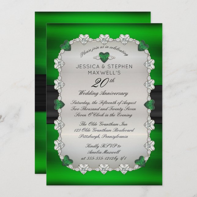 Invitación Diamantes Esmeraldas Verde 20º Aniversario de Boda (Anverso / Reverso)