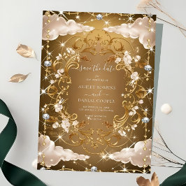 Invitación Diamantes espumosos Flores doradas Salven la fecha