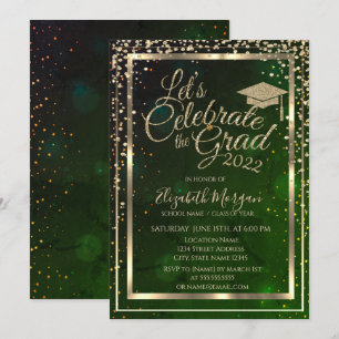Invitación Diamantes Estrellas Gorro de Graduación Verde Grad