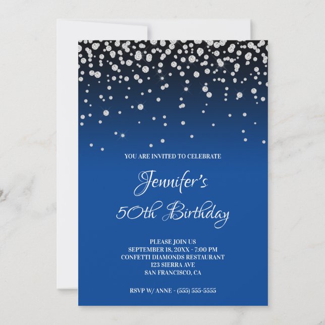 Invitación Diamantes falsos y azul brillante Ombre 50 cumplea (Reverso)