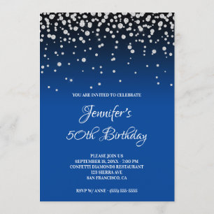 Invitación Diamantes falsos y azul brillante Ombre 50 cumplea