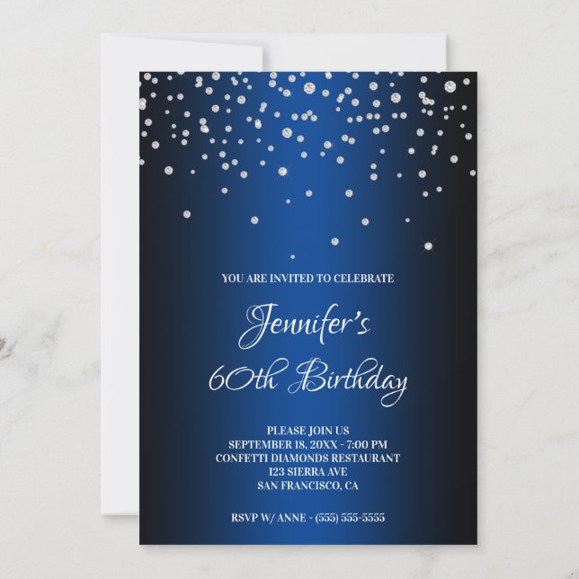 Invitación Diamantes falsos y ómbre azul 60 cumpleaños (Reverso)