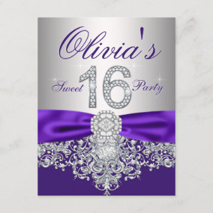 Invitación Diamantes Fiesta de Dulces 16 Años Púrpura y Plata